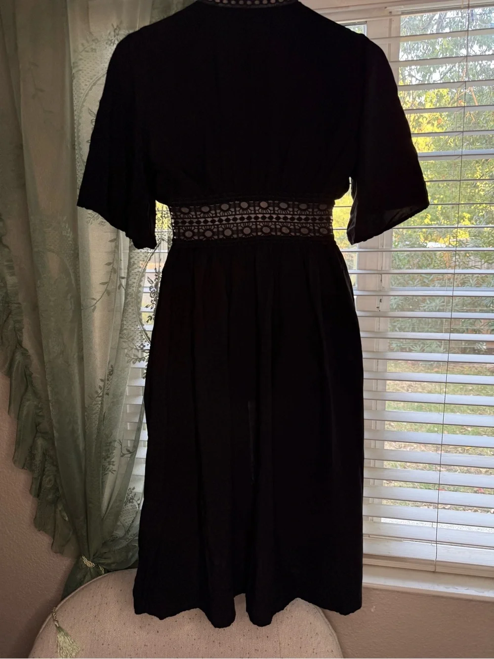 Black Boho Lace-Trim Tie-Front Long Duster Cardigan Maxi Dress